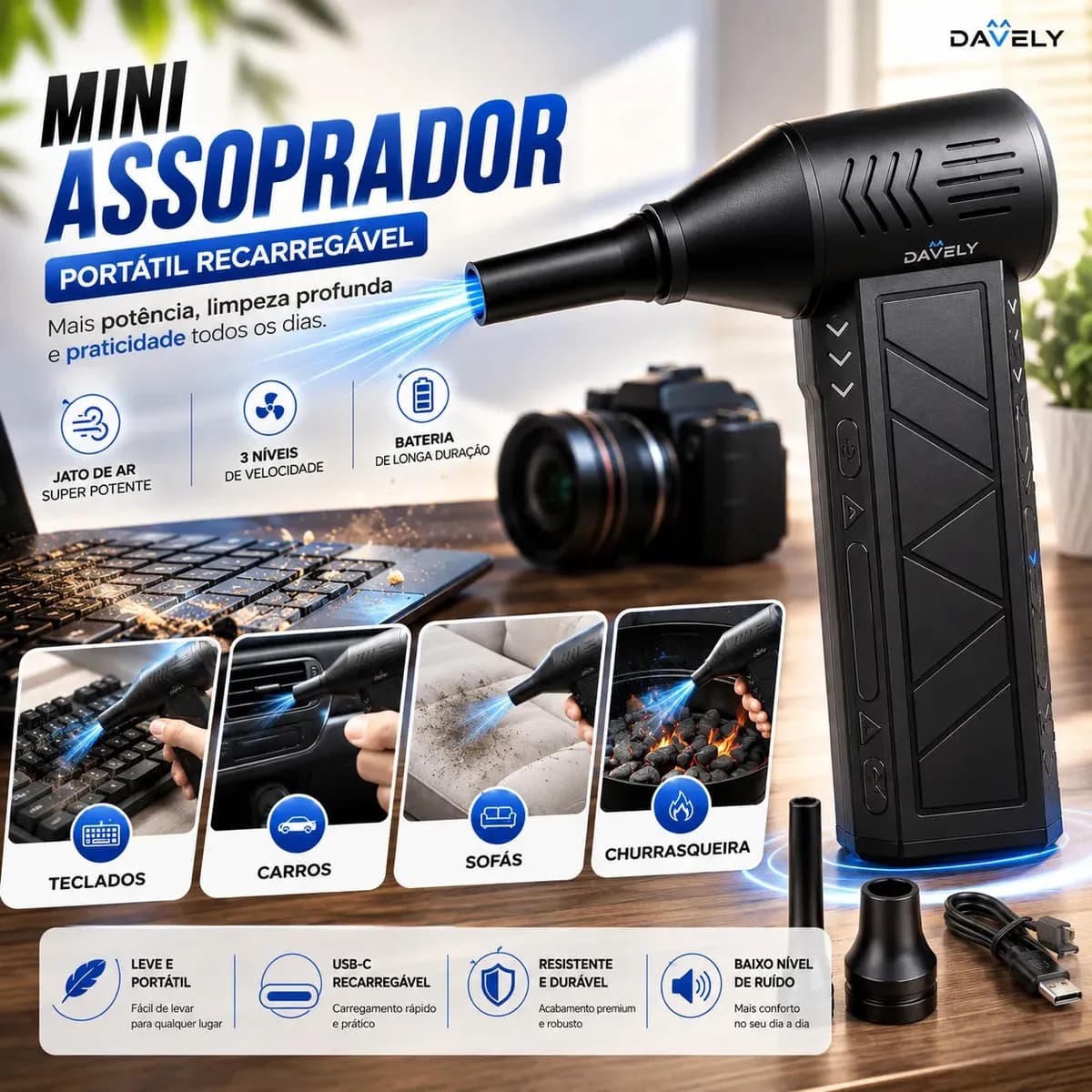 Mini Ventilador Soprador Ar Turbo 130000rpm Assoprador Sem Fio Recarregável Usb 3 Níveis Jato Forte Portátil Multiuso Limpeza Teclado Carro Acende Churrasqueira Marca Davely — foto 1 de 6
