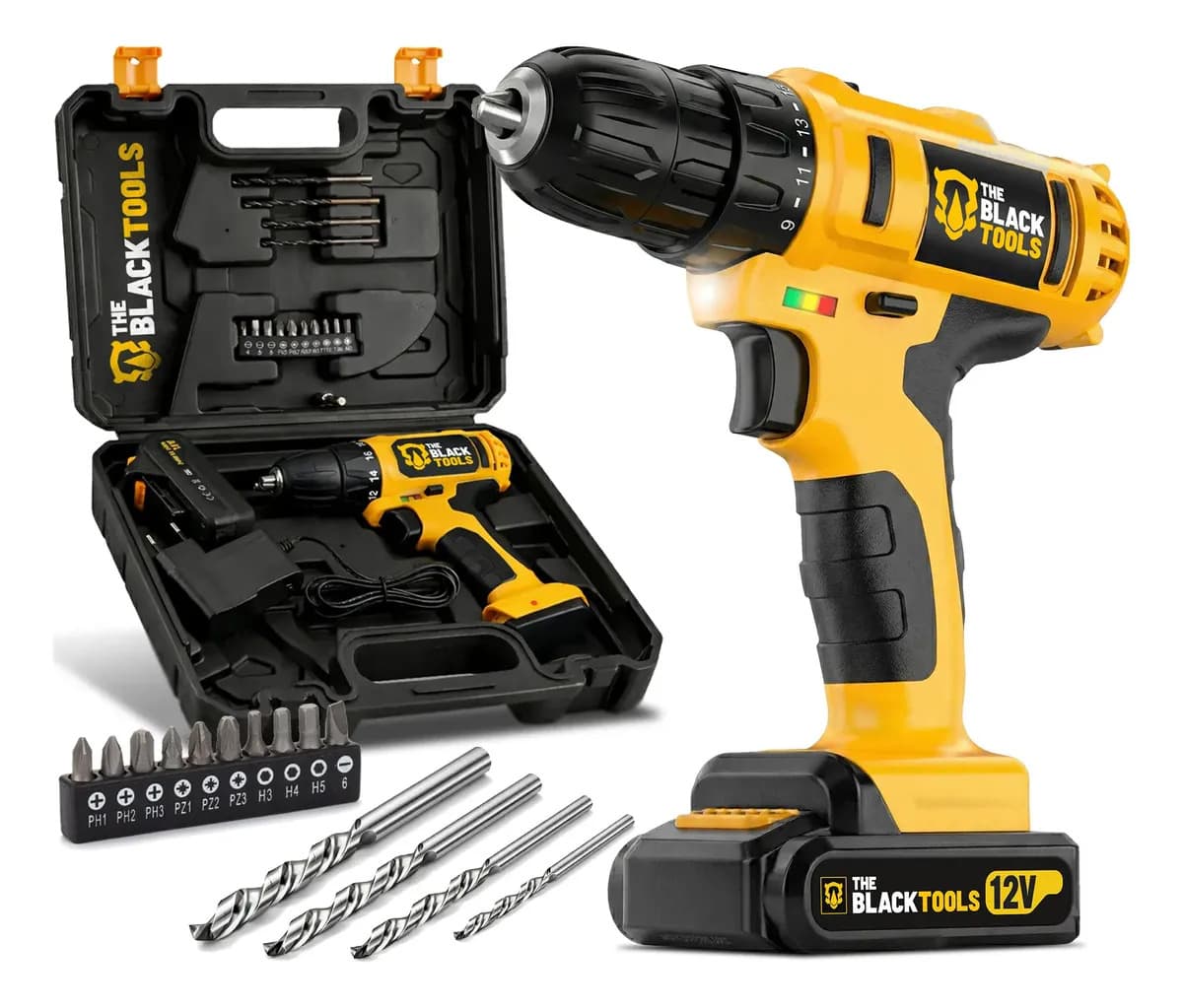 Furadeira Parafusadeira Sem Fio A Bateria Tb-12e 12v 3/8 10mm Com Maleta E Acessórios The Black Tools — foto 1 de 10