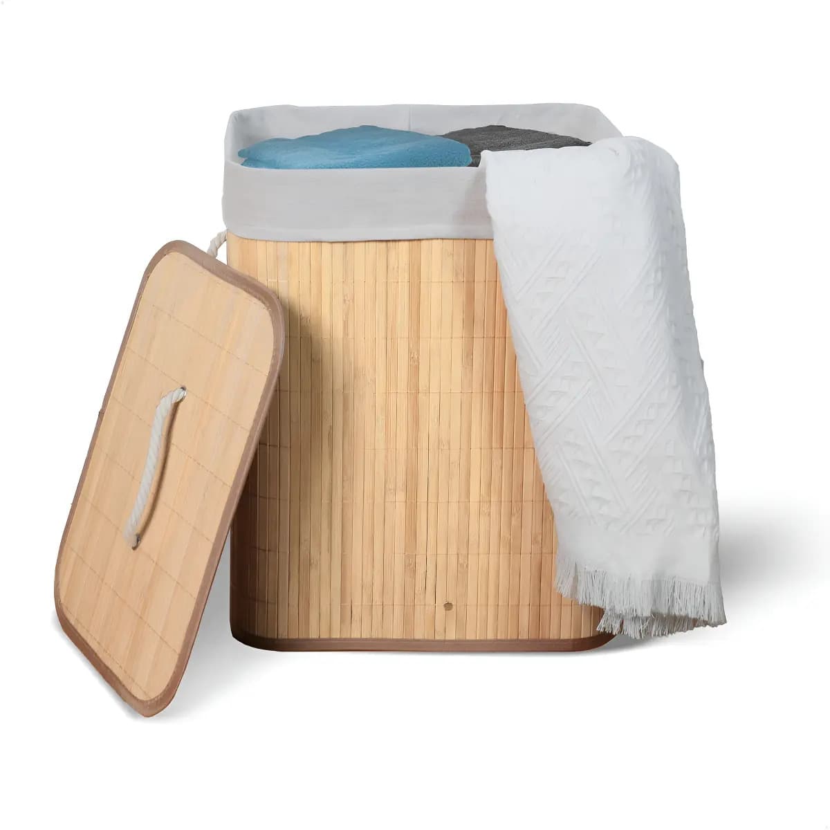 Cesto De Roupa Suja De Bambu Com Tampa E Alças 50 Litros Kontuz — foto 1 de 7