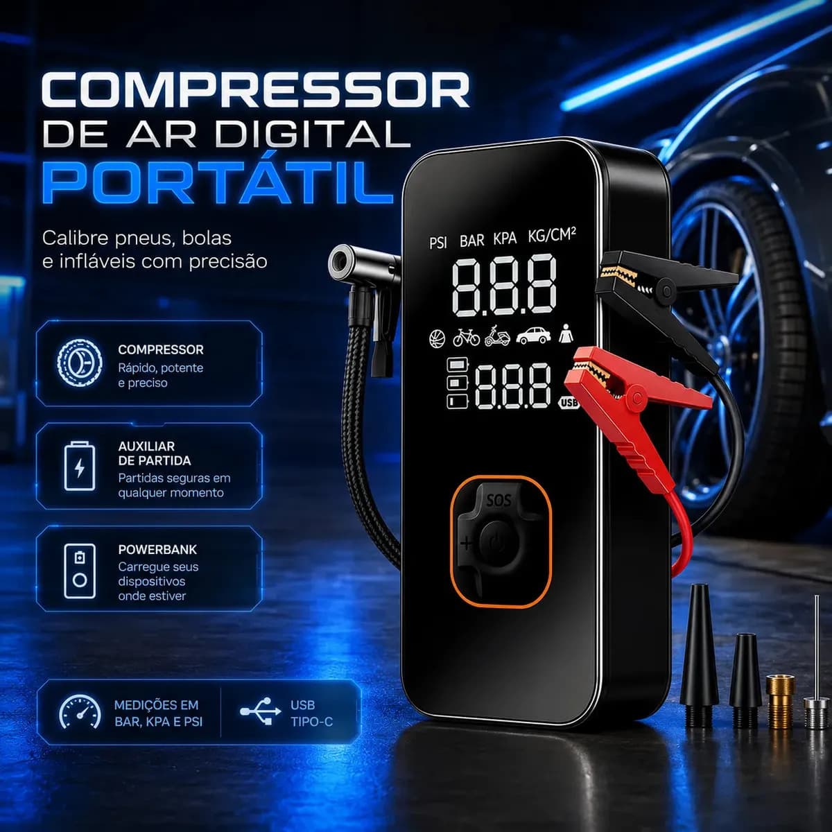 Bomba Elétrica Portátil Digital Para Encher Pneu De Carro Moto Bicicleta Inflador Automotivo Cor Preto — foto 1 de 4