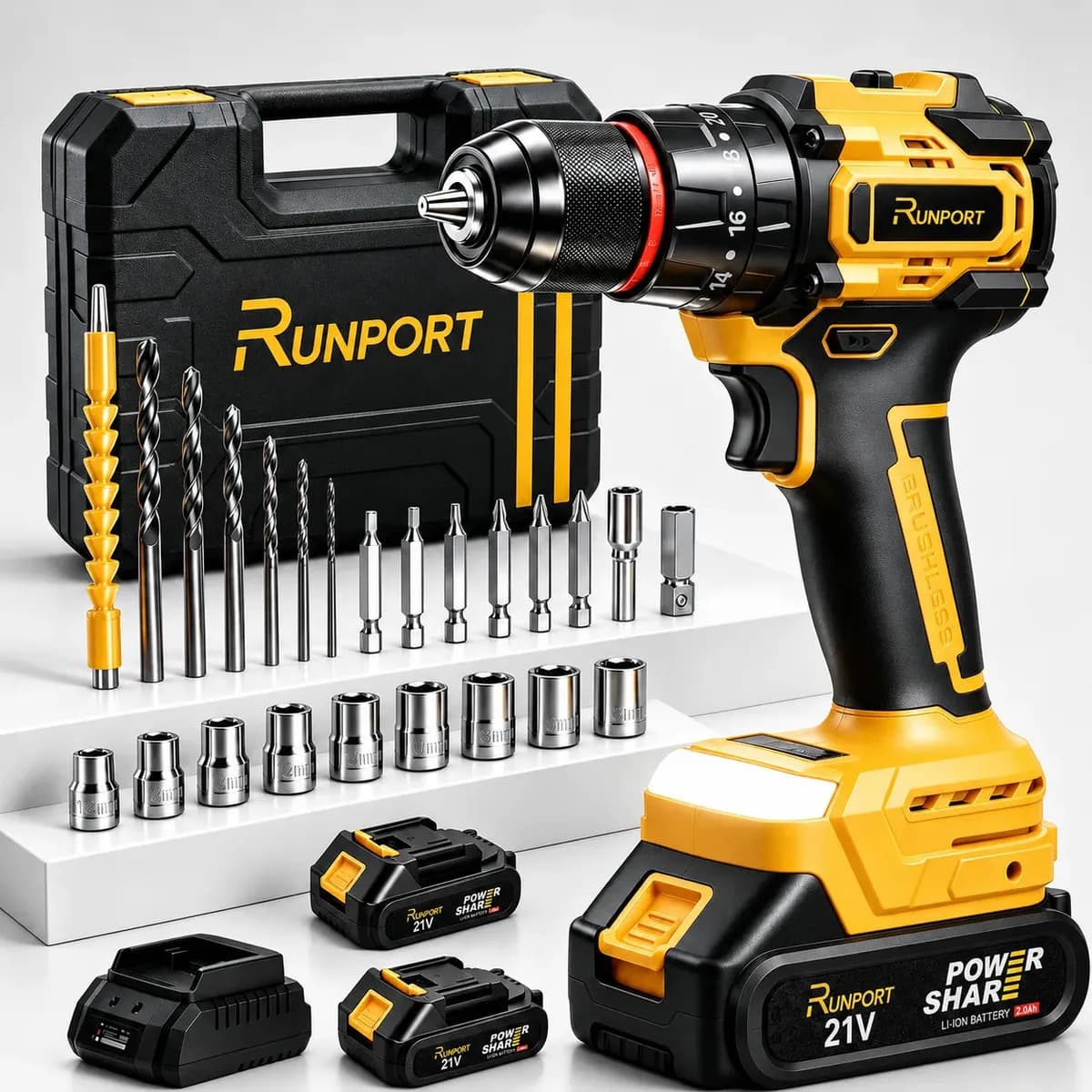 Furadeira Parafusadeira Impacto Runport Brushless 21V Sem Fio 45Nm 2 Baterias 2.0Ah Carregador Rápido Kit Brocas Bits Soquetes Acessórios — foto 1 de 10