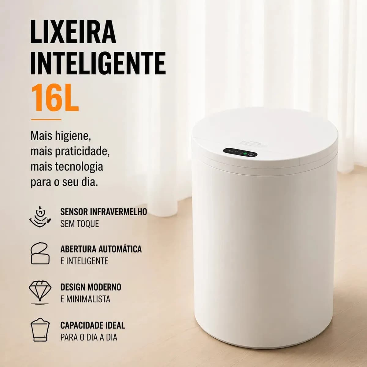 Lixeira Inteligente 16l Sensor Automático Tampa Touch Casa Branco — foto 1 de 8