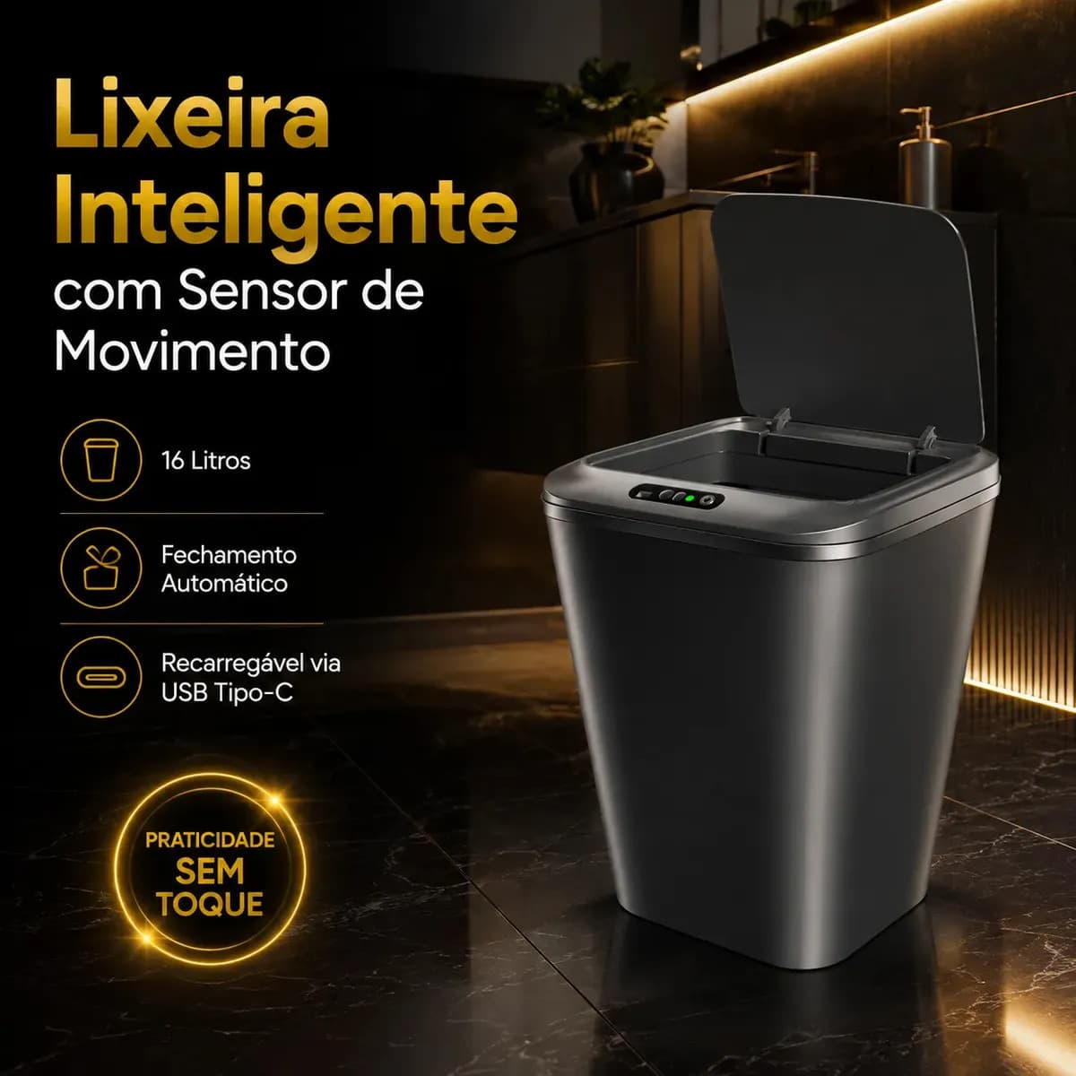 Lixeira Inteligente Automática Preta Universal Com Sensor Hearbuds Recarregável Anti Odor 16L — foto 1 de 4