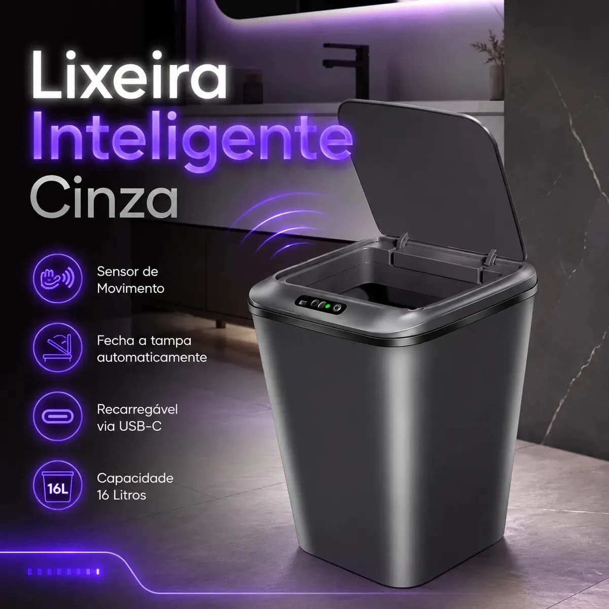 Lixeira Inteligente Sensor Automático 16l Cinza Smart Recarregável Para Banheiro E Cozinha — foto 1 de 4