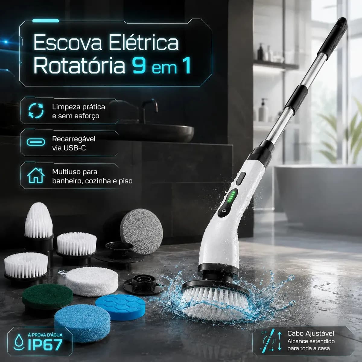 Mop Escova Elétrica Rotatória 9 Em 1 Recarregável USB-C Multiuso Limpeza Para Banheiro Cozinha E Piso — foto 1 de 4