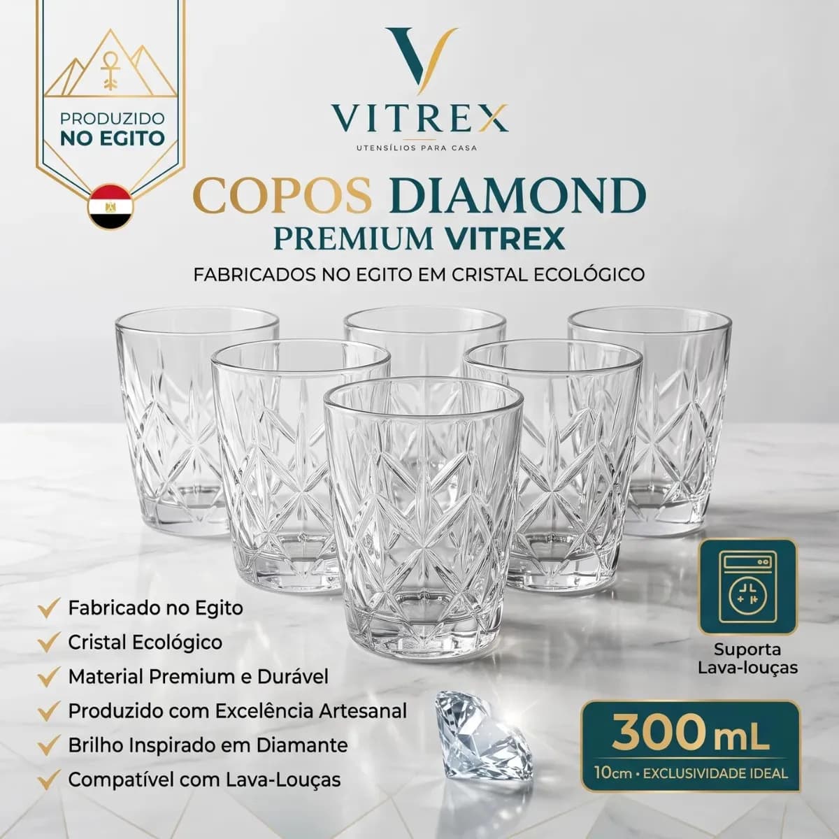 Jogo 6 Copos Diamond Egipcio 300ml Vidro Grosso Diamante Luxo Transparente Vitrex — foto 1 de 8