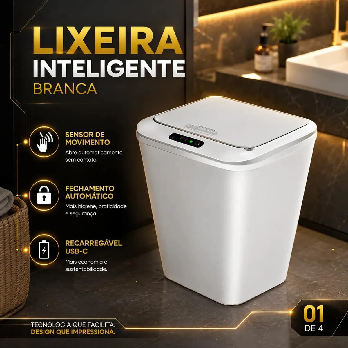 Lixeira Inteligente Automática Branca Universal Com Sensor Hearbuds Recarregável Anti Odor 16L — foto 1 de 4