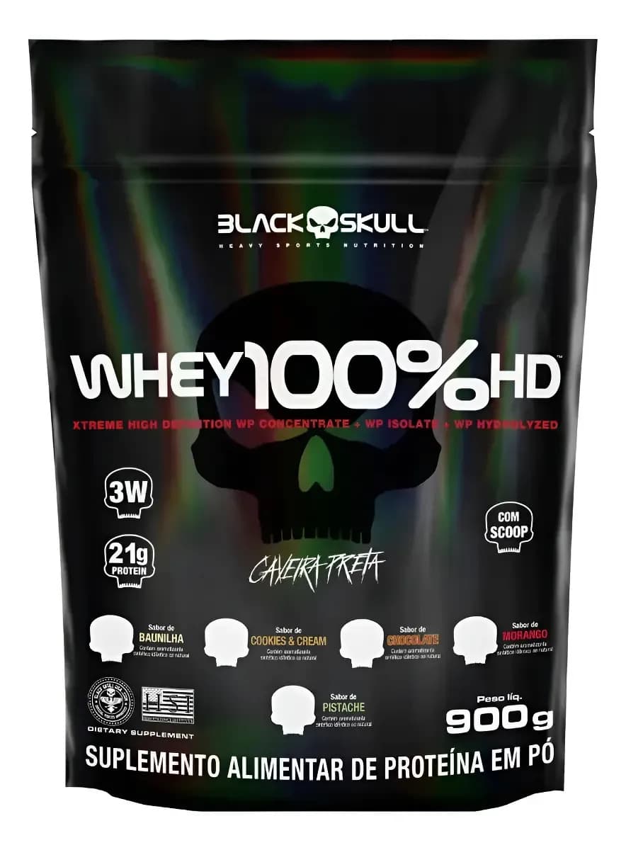 Whey 100%hd (900g - Refil) - Black Skull Sabor Morango — foto 1 de 2