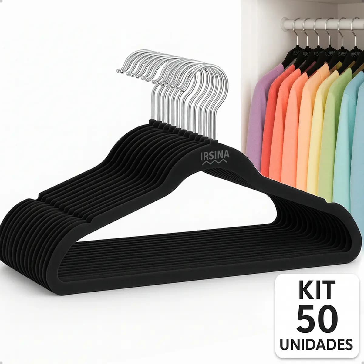 Kit 50 Cabides Veludo Preto Antideslizante Slim IRSINA Aço Inox — foto 1 de 12