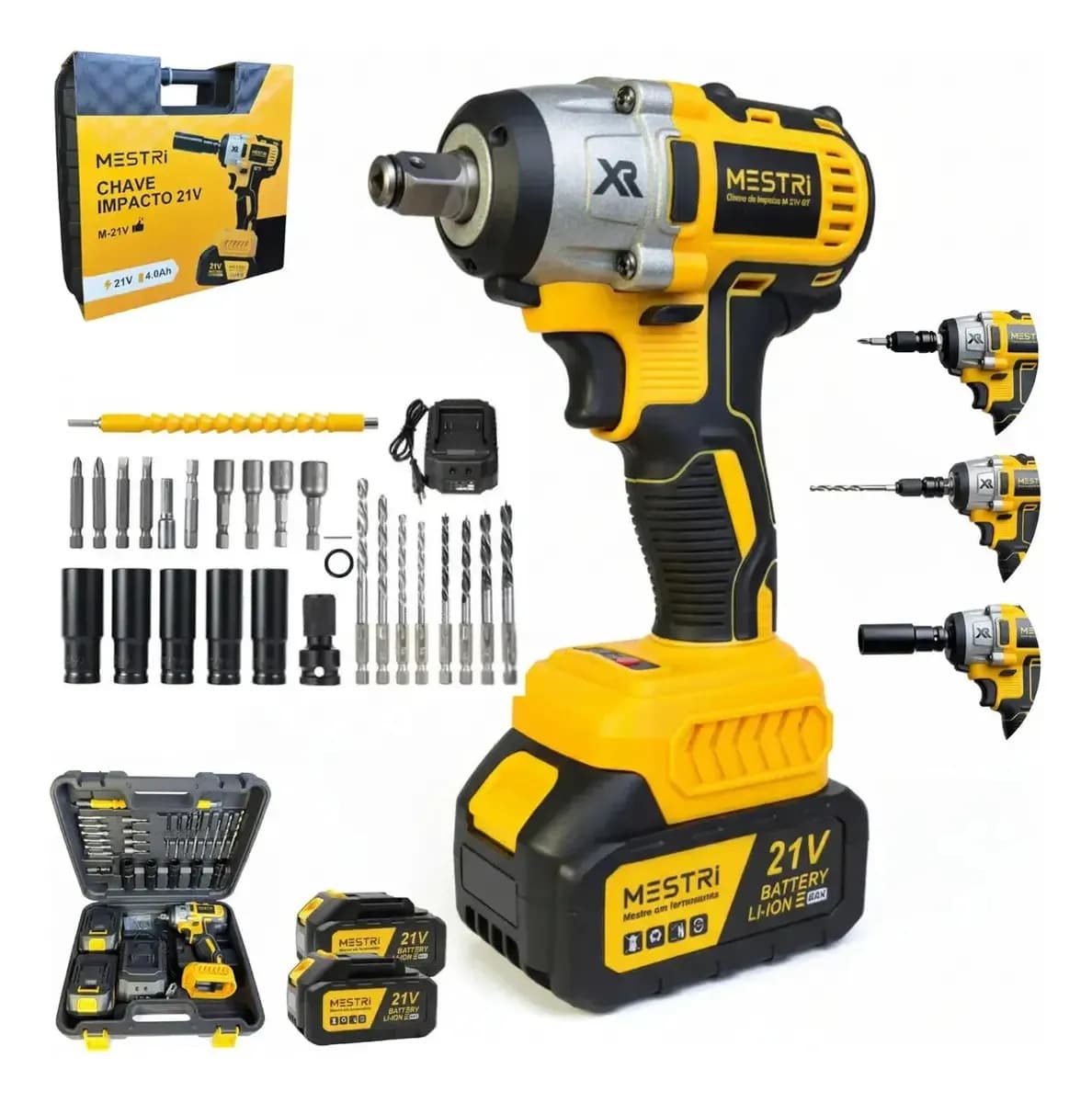 Chave De Impacto e Parafusadeira A Bateria 21v 4ah 3 em 1 Brushless Amarelo 50hz/60hz Sem Escova 2 Baterias Recarregável Bivolt MESTRI — foto 1 de 8