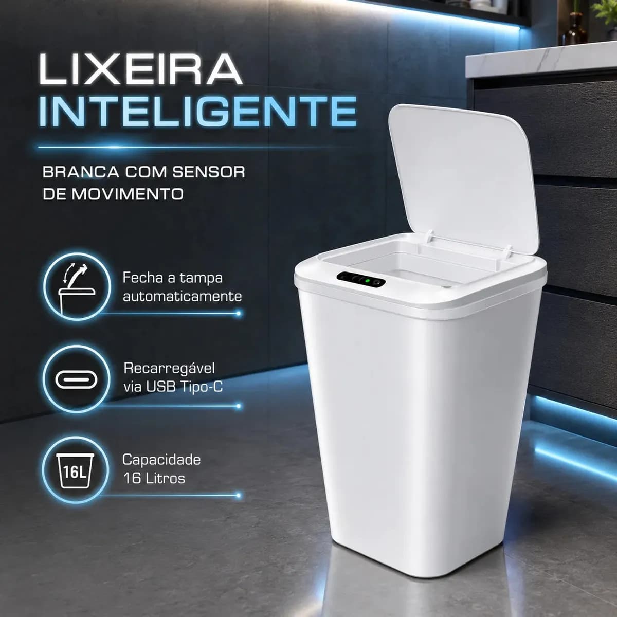 Lixeira Inteligente Automática Branca Universal Com Sensor Recarregável Earman Company Anti Odor 16l Recarregável Usb — foto 1 de 4