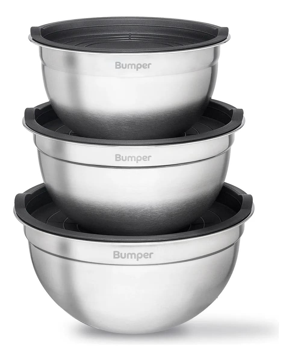 Conjunto De Bowls Tigela Inox Com Tampa Plástica Bumper Cinza — foto 1 de 8