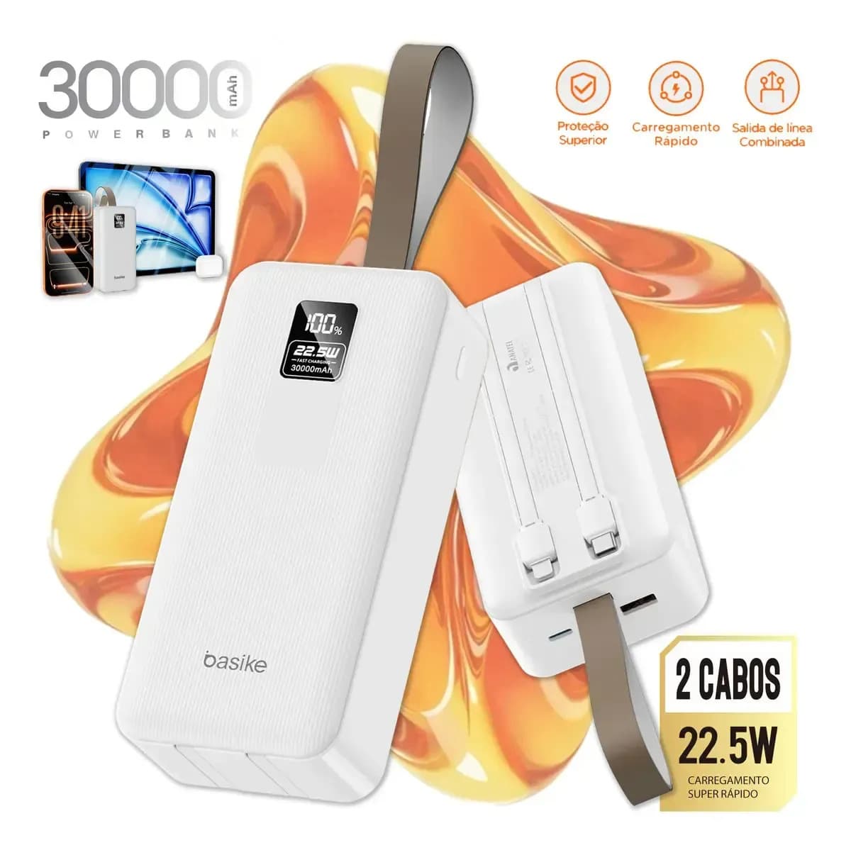 Power Bank 30000mah Carregador Portátil Turbo Rápido 22.5w Display Digital Carregador Portátil De 30.000 Mah Com Cabo Integrado E Carga Turbo Para Celular Corbranco — foto 1 de 7