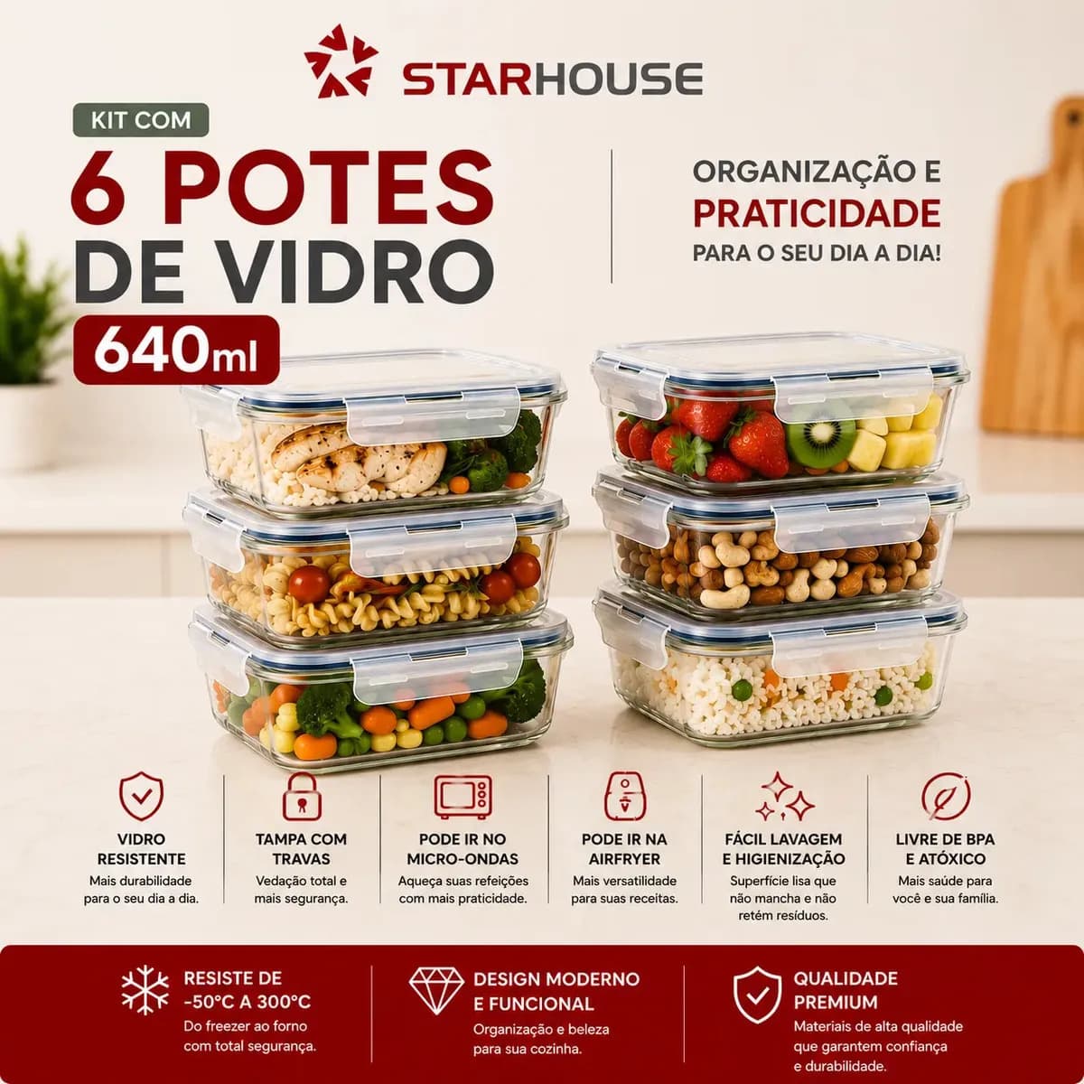Kit 6 Potes 640ml Vidro Hermético 4 Travas Marmita Refratario Star House com 4 travas de super vedação — foto 1 de 8