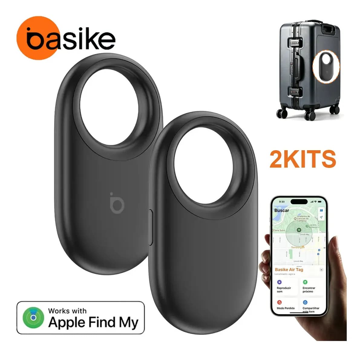 Basike Air Tag Rastreador Bluetooth Gps Com Alarme Sonoro Localizador Objetos Rastreador Smart Tag Para Apple Compatível App Buscar, Chaveiro Moto Veicular Pet Gato Bike Mala IPX67(2 kits) — foto 1 de 9