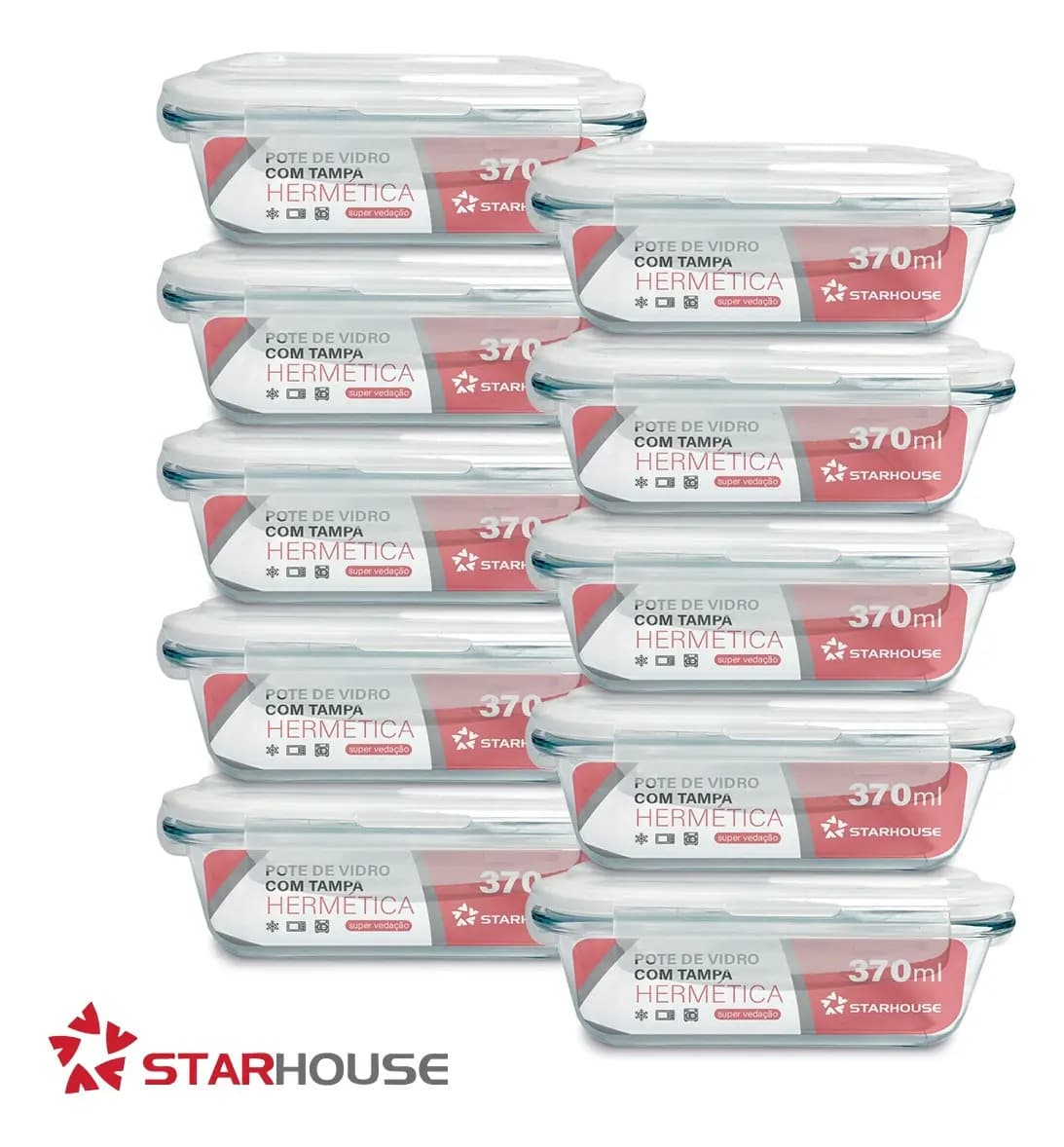 Kit 10 Potes Vidro 370ml Hermético Marmita Forno Refratário Star House — foto 1 de 5