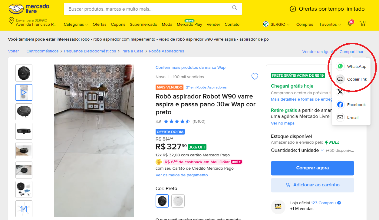 Página de produto do Mercado Livre no navegador, com o botão "Compartilhar" aberto mostrando a opção "Copiar link", destacados com um círculo vermelho