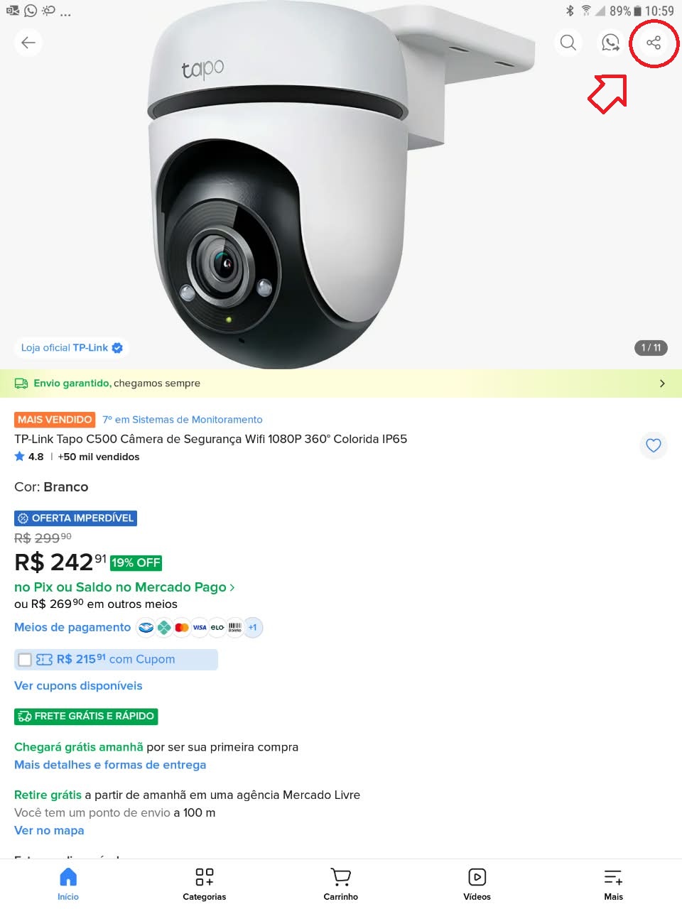 Tela de um produto no app do Mercado Livre, com o ícone de compartilhar (canto superior direito) destacado com um círculo vermelho