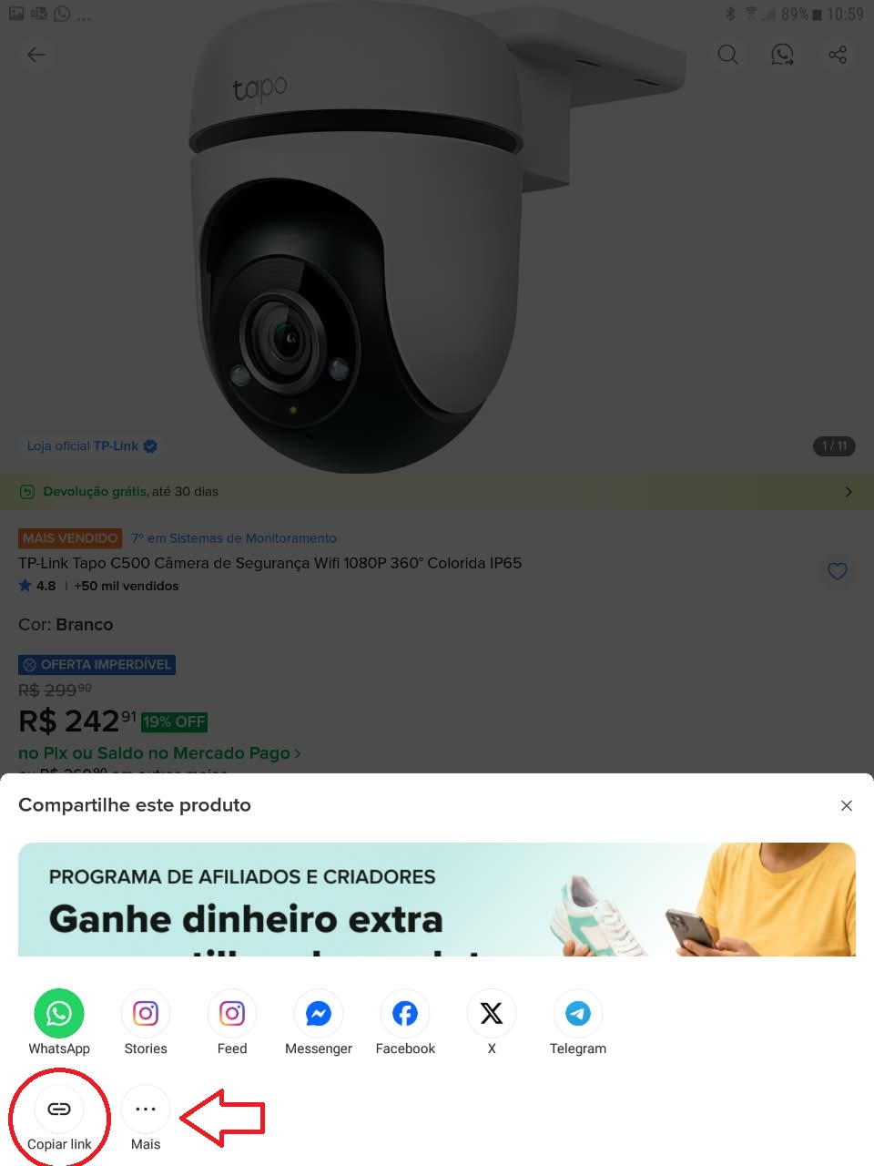 Menu de compartilhamento do Mercado Livre aberto, com a opção "Copiar link" destacada com um círculo vermelho