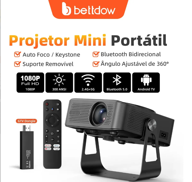 Projetor Portatil Ac1085 13000lm 4k Full Hd +dongle Gtv Preto